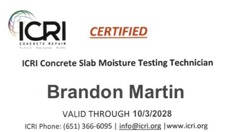Brandon Martin's ICRI Concrete Slab Moisture Testing Technician certification card, valid through 10/3/2028