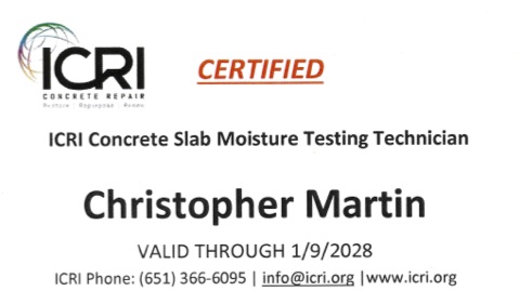 Christopher Martin's ICRI Concrete Slab Moisture Testing Technician certification card, valid through 1/9/2028